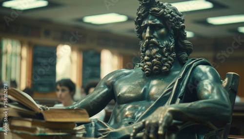 A sculpture of a Greek philosopher at a lecture in a university auditorium reading a book and listening to a lesson.