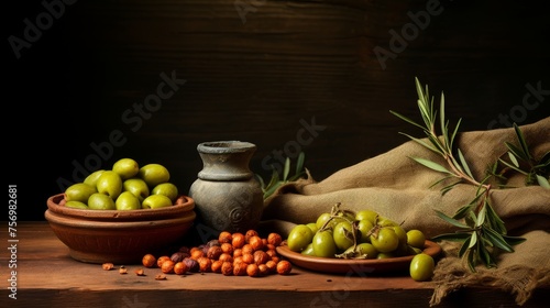 Still life with green olives, olive oil, branch, and linen napkin on wooden table