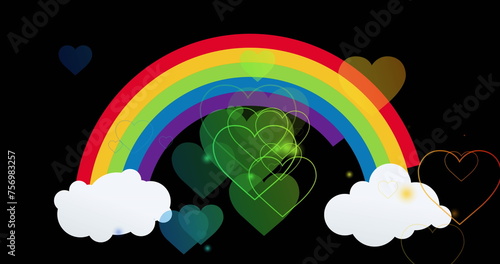 Image of clouds and hearts over rainbow background