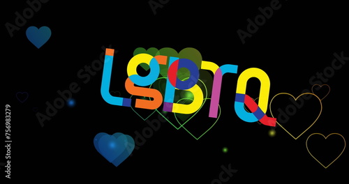 Image of lgbtq text and rainbow hearts on black background