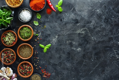 top view of food ingredients on black background with copy space  kitchen table and spices in small bowls on the side