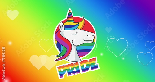 Image of pride text, unicorn and hearts