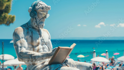 A stone sculpture of a philosopher with a book in his hands listens to music on the beach of a European resort.