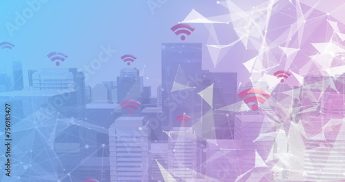 Image of skyscrapers with wifi symbols and a network of connections