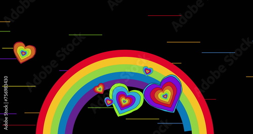 Image of rainbow hearts over rainbow on black background