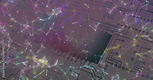 Image of colourful shapes floating over microprocessor connections