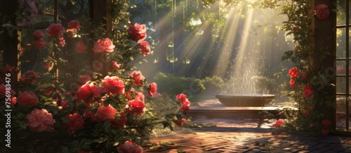 The sunlight filters through the trees in a garden filled with roses and a quaint bench, creating a serene and picturesque setting