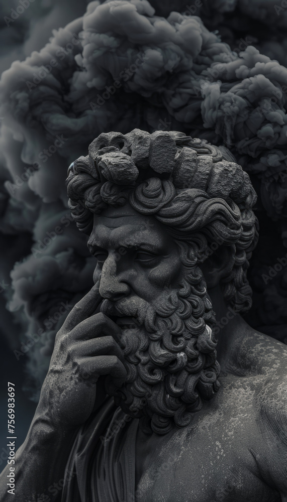Sculpture of a Greek philosopher against the backdrop of factories with black smoke, pollution and ecology.