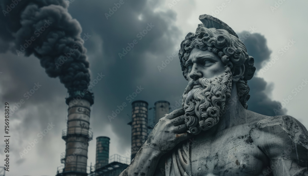 Sculpture of a Greek philosopher against the backdrop of factories with black smoke, pollution and ecology. Sculpture of a Greek philosopher against the backdrop of factories with black smoke, pollution and ecology.