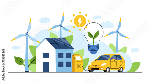 Renewable energy concept. Vector illustration of clean electric energy from renewable sources, sun, and wind. Sustainable green energy, renewable energy sources, and green electricity photo