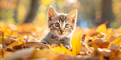 Playful Kitten Enjoying Autumn Leaves Outdoors. Concept Kitten, Autumn, Outdoors, Leaves, Playful