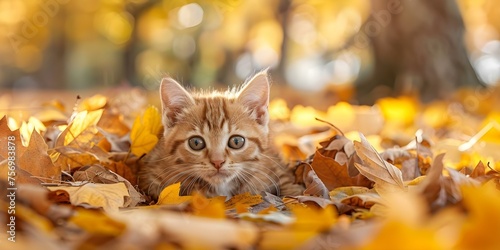 Adorable kitten frolicking in a pile of golden fall foliage outdoors. Concept Fall Photoshoot, Pet Portraits, Autumn Leaves, Cute Animals, Outdoor Photography