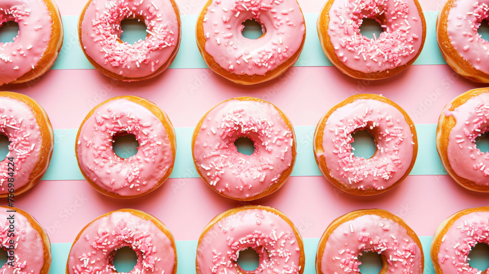 Pink Frosted Donuts Aligned on Blue and Pink Striped Background, Tempting Dessert Display Pink Frosted Donuts Aligned on Blue and Pink Striped Background, Tempting Dessert Display