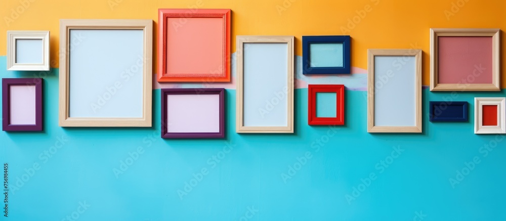 A variety of picture frames, rectangular in shape, displaying art in magenta and electric blue colors, creating a symmetrical pattern on the wall A variety of picture frames, rectangular in shape, displaying art in magenta and electric blue colors, creating a symmetrical pattern on the wall