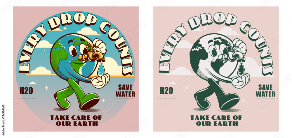 Vintage motivation poster or card design template with walking happy groovy Earth planet character mascot with save water caption for t shirt print. Vector illustration	
