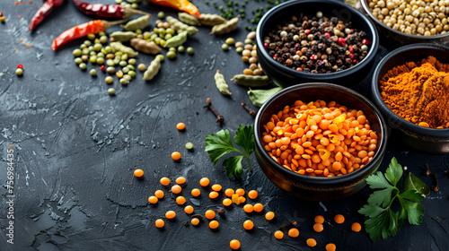 Bowls with Legumes and Indian Spices - Fresh and Aromatic Ingredients for Healthy Cooking and Cuisine, Culinary Delights with Traditional Flavors, Generative AI