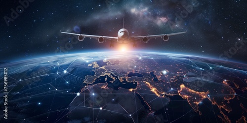 Cargo plane flies over the globe photo