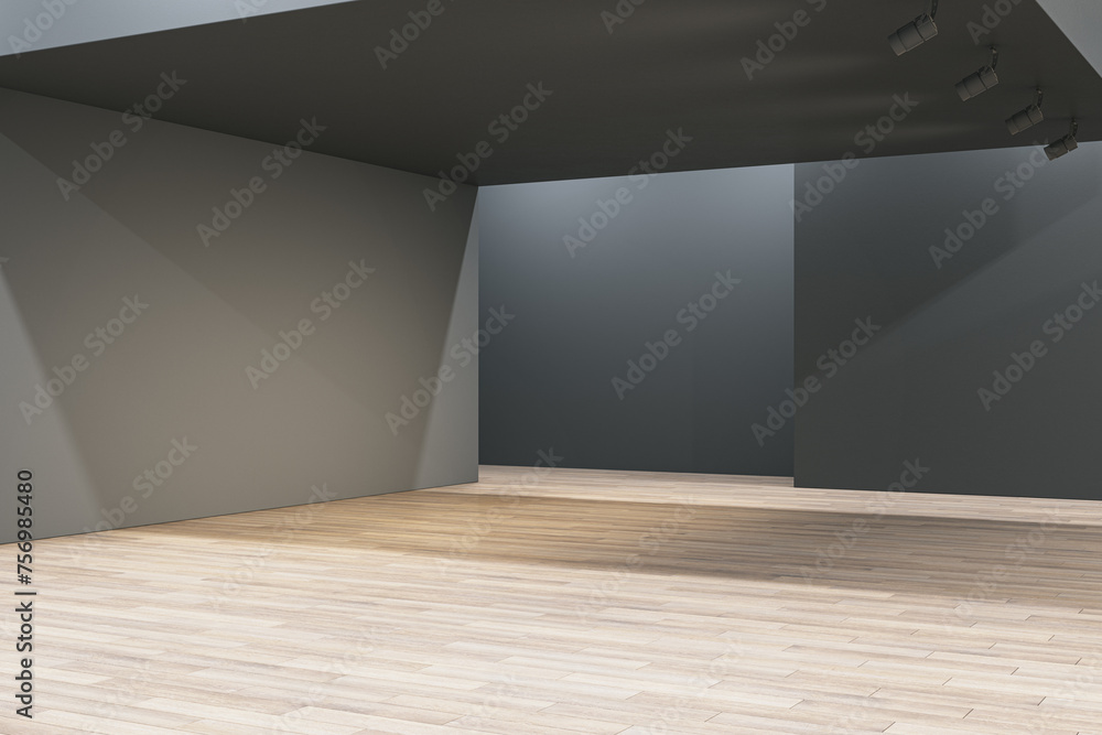 Dark gallery interior with concrete walls, mock up place and wooden flooring. 3D Rendering. - obrazy, fototapety, plakaty 