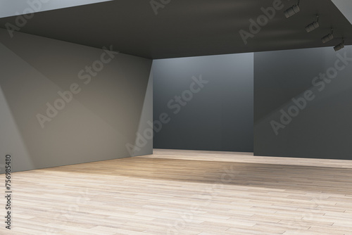 Dark gallery interior with concrete walls, mock up place and wooden flooring. 3D Rendering. © Who is Danny
