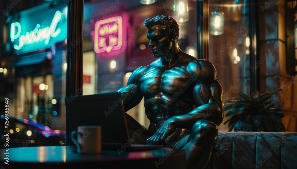 Bronze sculpture of a muscular man working on a laptop in a cafe, modern art.