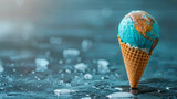 An ice cream cone designed to look like a melting Earth globe sits on a reflective watery surface, symbolizing climate change.