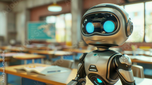 A friendly robot with big eyes stands in a classroom, representing modern technology in education and the future of learning.