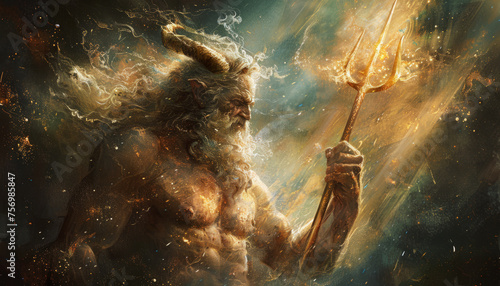 A deity with a trident in his hands, the eternal struggle between good and evil. God in the golden rays of space.