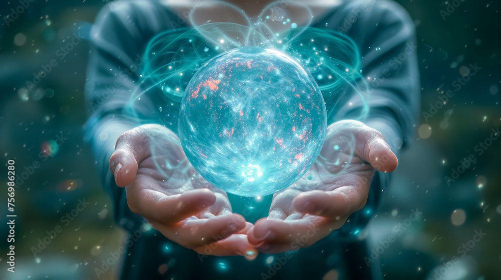 An enigmatic image depicting human hands cradling a glowing orb representing the cosmos, with celestial particles swirling around. An enigmatic image depicting human hands cradling a glowing orb representing the cosmos, with celestial particles swirling around.