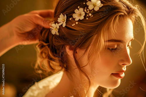 Elegant Beauty: A young woman adorned with delicate white flowers in her soft, cascading hair, exuding natural grace and serenity