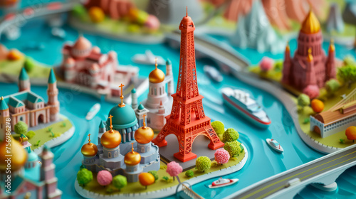 A whimsical display of miniature iconic world landmarks, with vibrant colors and a playful arrangement, suggesting a bustling, joyful city.