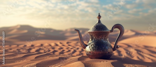 Arabic coffee pot in desert sand photo