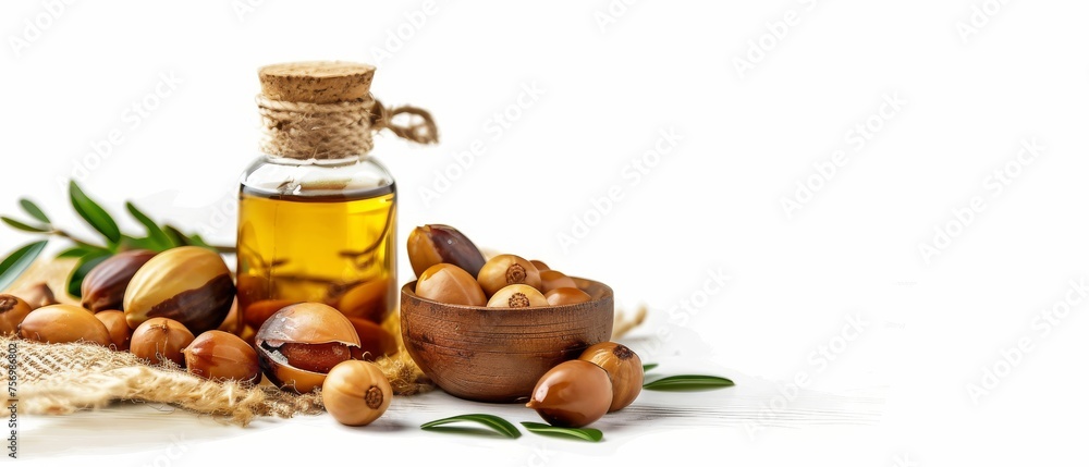Argan oil fruits for skin and hair on white background