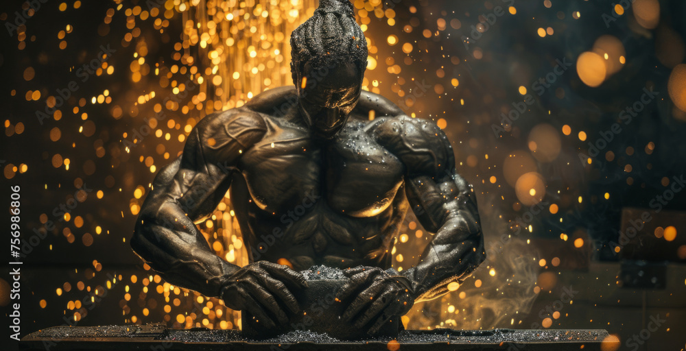 Monument to a blacksmith of a foundry for smelting and processing iron. Sculpture of a metallurgist, a mechanic by profession. Monument to a blacksmith of a foundry for smelting and processing iron. Sculpture of a metallurgist, a mechanic by profession.