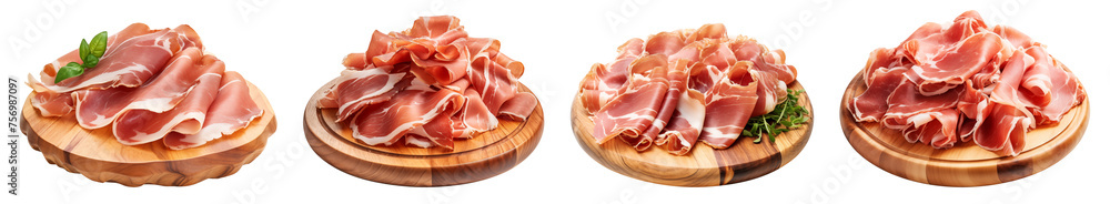 Sliced Prosciutto on Wooden Boards Sliced Prosciutto on Wooden Boards
