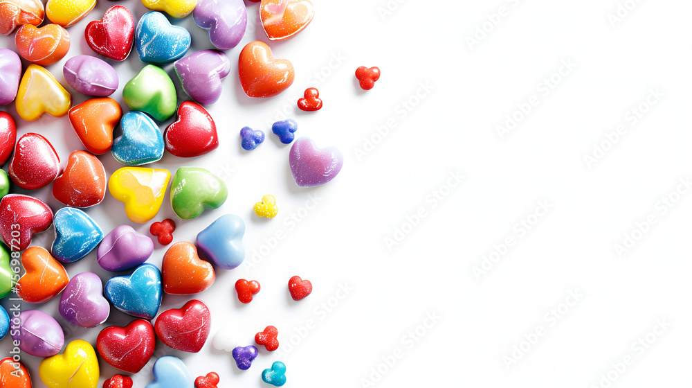Colorful Candy Hearts with Copy Space on Isolated Background, Valentine's Day Banner Design for Romantic Events and Celebrations, Generative AI

