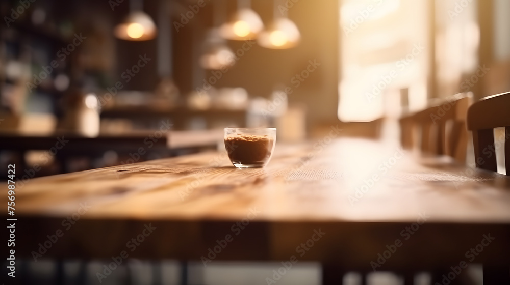 Background of a cafe interior with a blurred wooden table top. Background of a cafe interior with a blurred wooden table top.