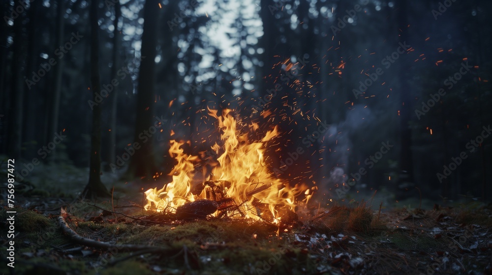 Campfire in the forest at dusk. Sparks and flames rise from a small fire among the trees, creating a warm and inviting atmosphere. Campfire in the forest at dusk. Sparks and flames rise from a small fire among the trees, creating a warm and inviting atmosphere.