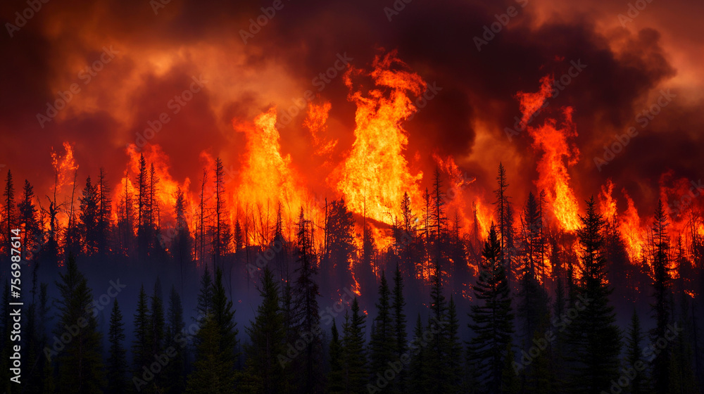 Forest fire, many acres of pine trees burn down during the dry season. A wildfire burns in the forest. The concept of global cataclysms on earth