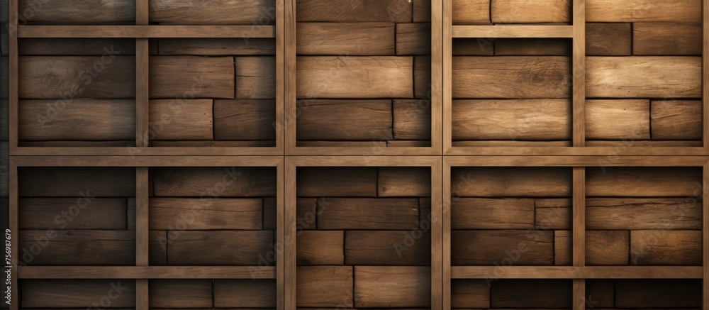 Brown hardwood rectangle shelving units stacked on brick wall with wood stain. The contrast of wood against brickwork adds warmth and texture to the space Brown hardwood rectangle shelving units stacked on brick wall with wood stain. The contrast of wood against brickwork adds warmth and texture to the space