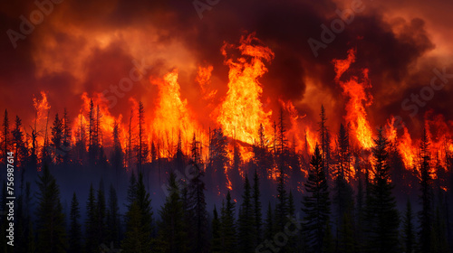 Forest fire  many acres of pine trees burn down during the dry season. A wildfire burns in the forest. The concept of global cataclysms on earth