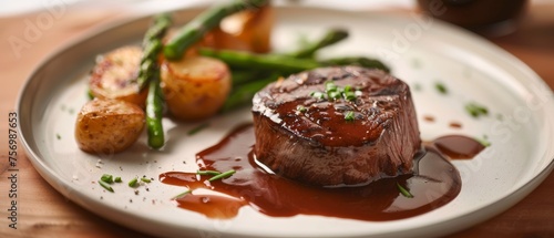 Beef filet with red wine sauce asparagus and sautéed potatoes