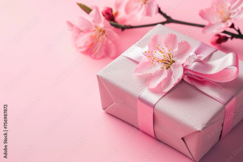 Pink box with ribbon on it is sitting on pink background Pink box with ribbon on it is sitting on pink background