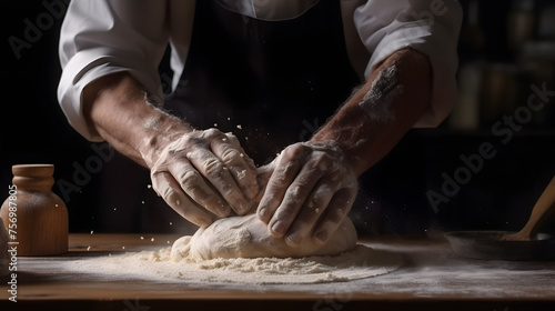 Baker cooking bread. Man slaps flour over the dough. Man's hands Making bread photo