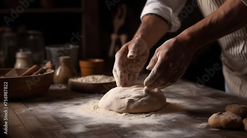 Baker cooking bread. Man slaps flour over the dough. Man's hands Making bread