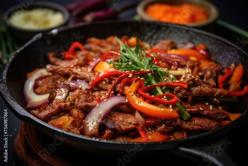 Plate of stir fry with meat and vegetables