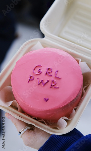 Colorful pink bento cake decorated with words Girl Power or GRL PWR, women international day, 8 march photo