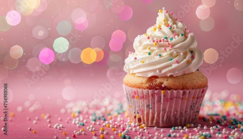 Birthday cupcake composition on pink background with bokeh effect