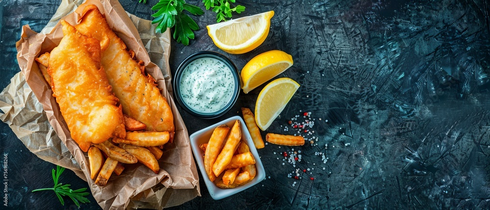 British fast food fish fingers and chips with tartar sauce on black background - obrazy, fototapety, plakaty 