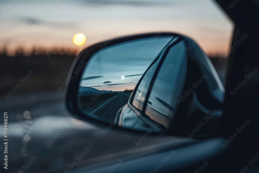 Car's rear view mirror shows reflection of moon in sky