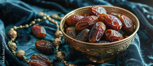 Bowl of dates and rosary on velvet